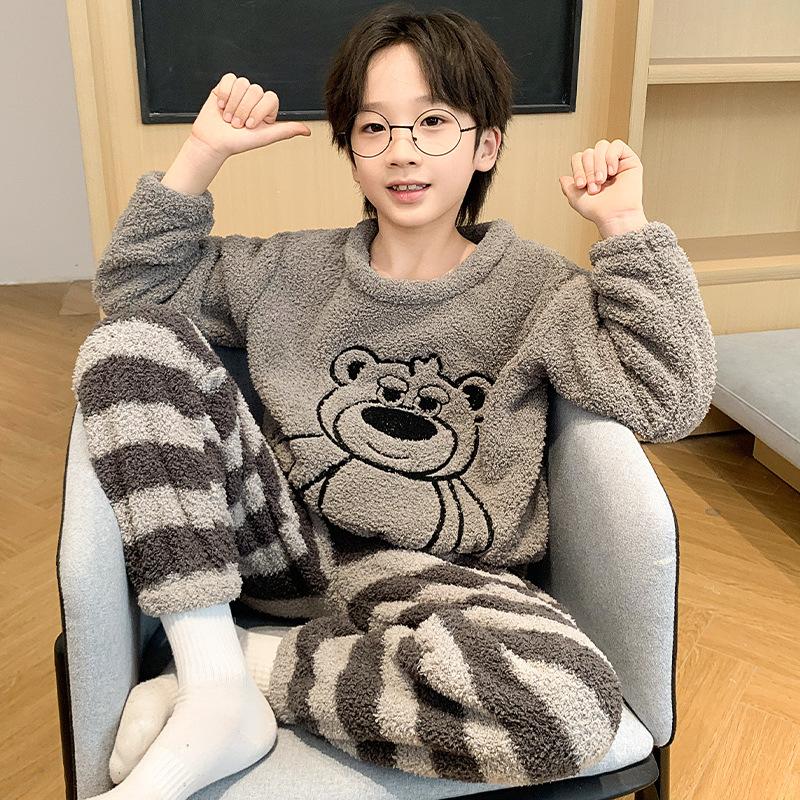 Kids Flannel Pajamas Set Boys Girls Warm Long Sleeve Top And Pants Sleepwear Winter Home Nightwear
