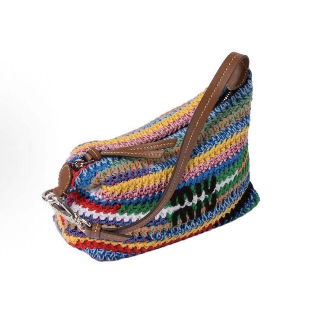 MIU MIU Embroidered Monogram Logo Crochet Leather Handle Shoulder Bag Tote Women's Rainbow Color