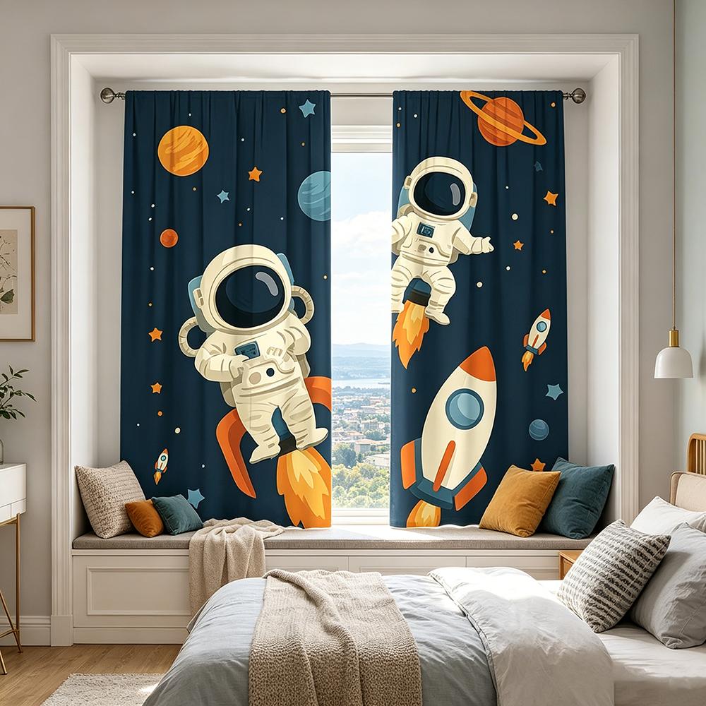2PCS Digital Printed Curtains with Astronaut Space Design, Stylish Window Drapes for Living Room Bedroom Home Decoration