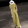 Women's Luxury Acetate Slit Top & Wide-Leg Pants Set