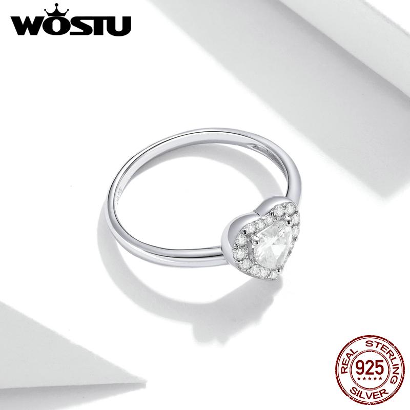 WOSTU 925 Sterling Silver Bright Love Rings Shining Heart Zircon Finger Ring For Women Elegant Silver Jewelry CQR725