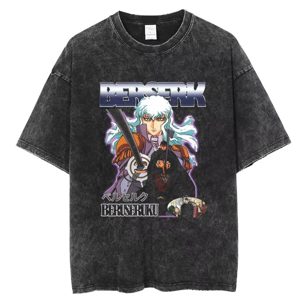 Berserk Anime Guts Charakter Vintage Gewaschenes Baumwoll-T-Shirt Retro Manga Grafik Sommer Kurzarm Locker Geschnittene Oberteile Für Männer Frauen Tägliche Freizeitkleidung