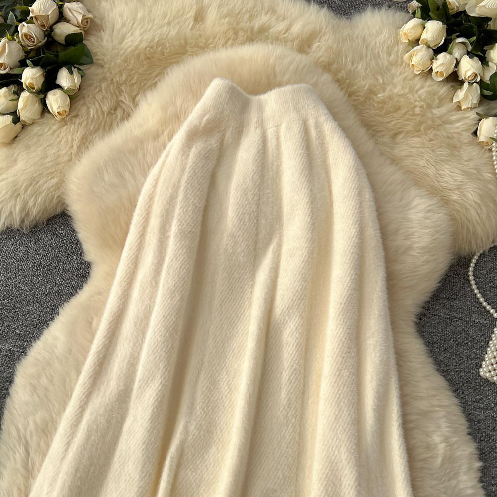 Autumn Winter Women Elegant Furry Knitted Long Midi High Waist A-line Skirt