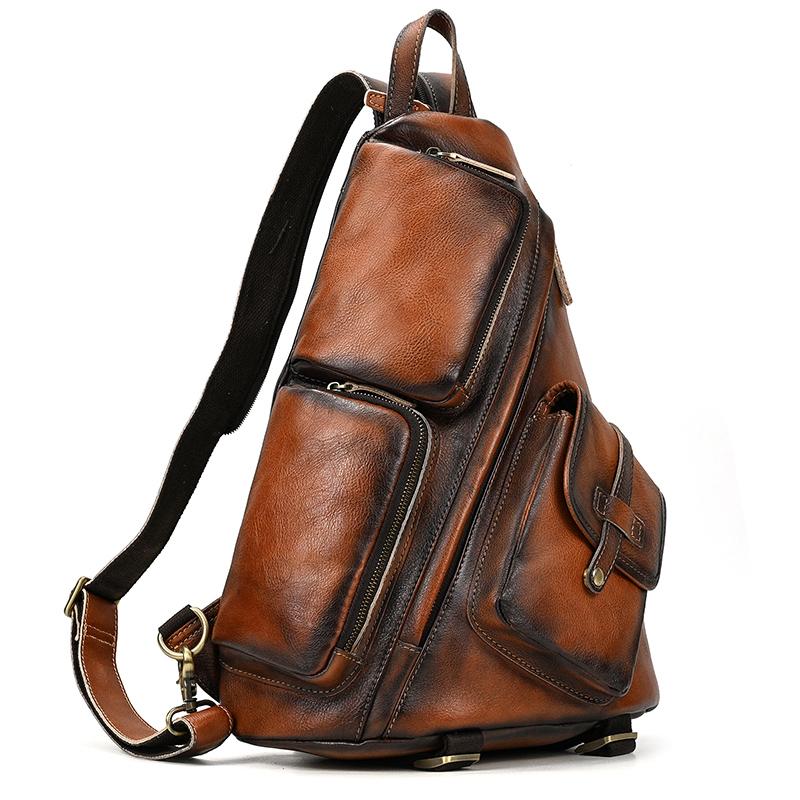 Single Shoulder Bagpack Genuine Leather Chest Bag Outdoor Riding Bag Chest Packs For Biker Men Male Sling Bags Cow Leather