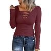 Autumn Long Sleeve Women T-shirts Slim Fit Tees Women Sexy Hollow Out V-neck Solid Color Long Sleeve Tshirt Clothes
