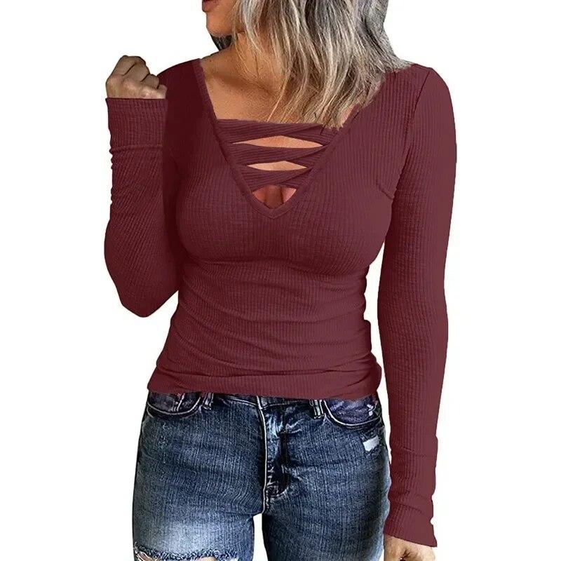 Autumn Long Sleeve Women T-shirts Slim Fit Tees Women Sexy Hollow Out V-neck Solid Color Long Sleeve Tshirt Clothes