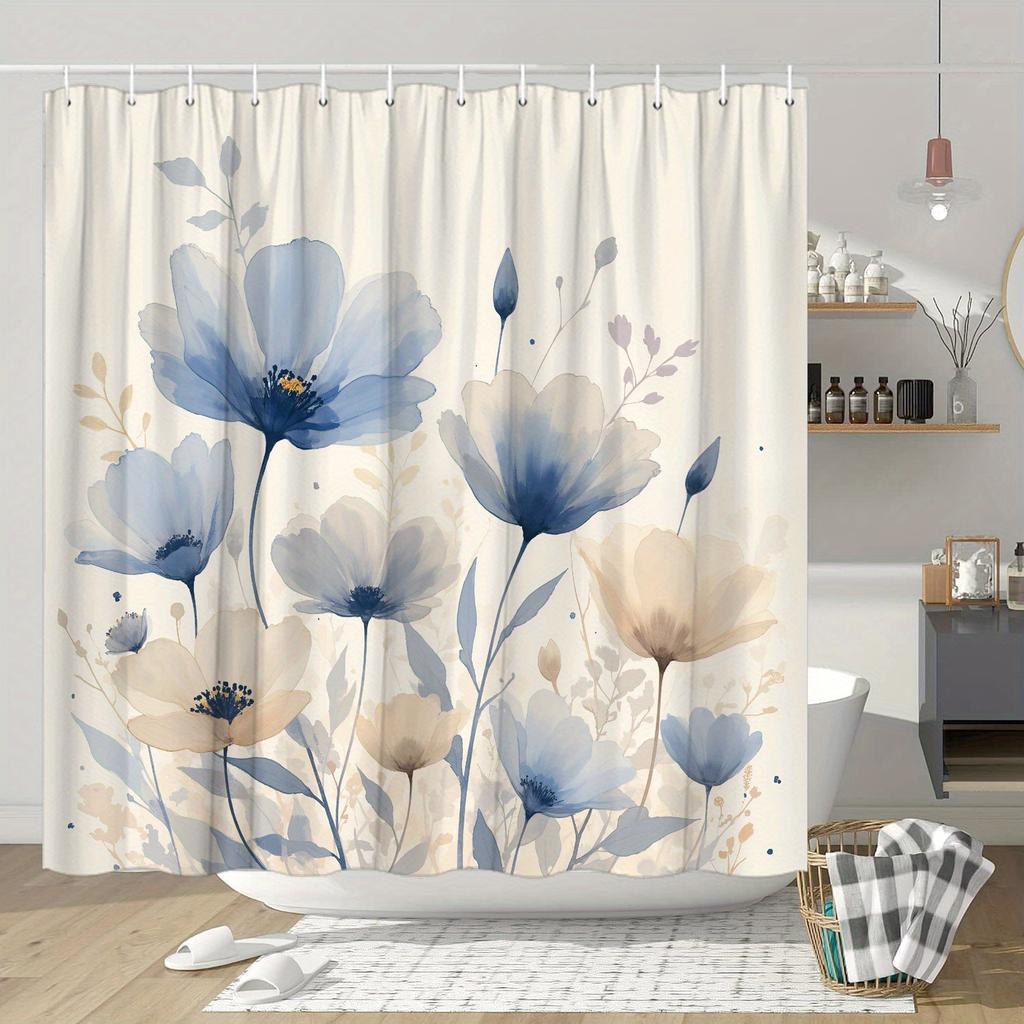 1pc Abstract Floral Shower Curtain - Blue, Gray & Beige, Watercolor Design, 70.8x70.8", Semi-Transparent, Modern Bath Decor