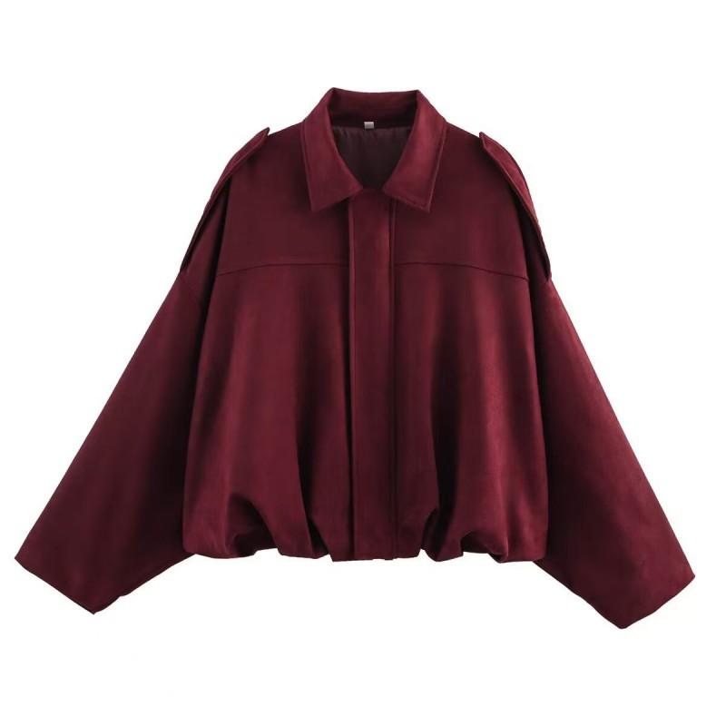 Womens Suede-Like Faux Suede Bomber Jacket With Lapel Collar Zipper Button Loose Streetwear Outerwear