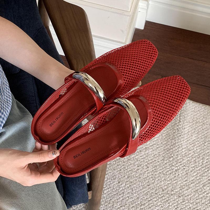 Fashion Fashion Metal Female Flats Slippers Sandals Shoes For Women Mules Summer Beach Slides Footwear Mesh Ladies Flats Slippers Shoes