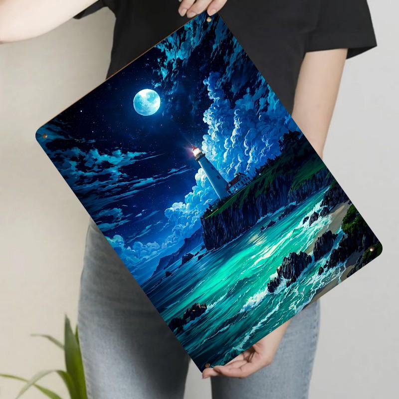 Dreamy Lighthouse Moonlight Seascape Metal Iron Painting Home Wall Decor Modern Art 20x30cm（7.8x11.8inch）