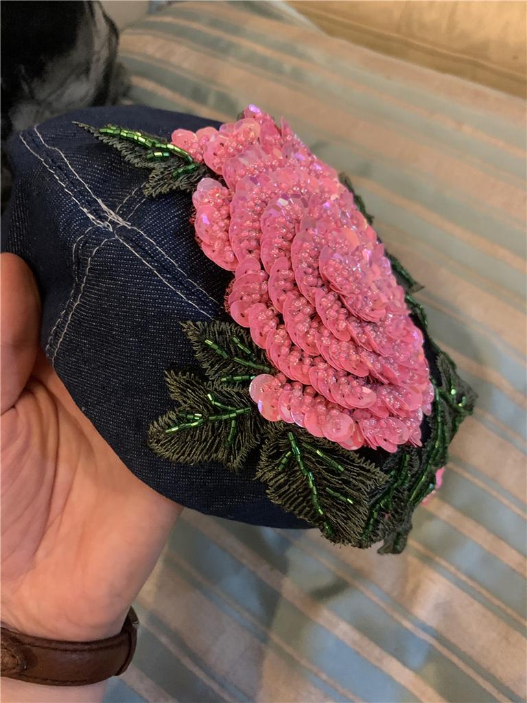 Ins Chic Design Style Spring Denim Pink Beaded Flowers Shine Luxury Lady Beret Cap Women Leisure Painter Hat