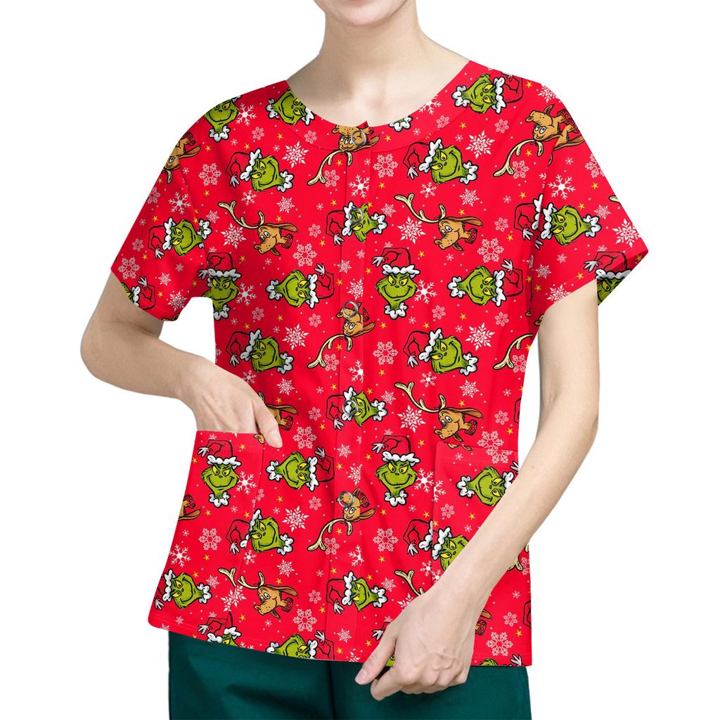 Women's Short Sleeved Patterned Pockets, Work Print Stand Up Collar, Single Breasted Protective Clothing, Cardigan Jacket, Top