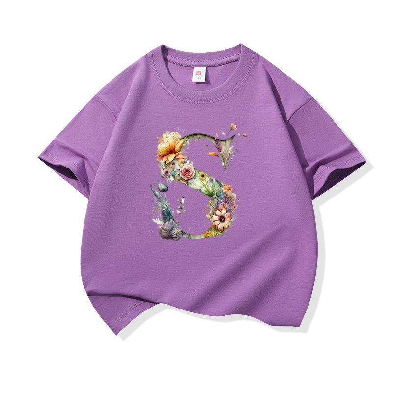 Kids Cotton T Shirt Floral Letter S Print Crew Neck Short Sleeve Tee Casual Boys Girls Summer Tops