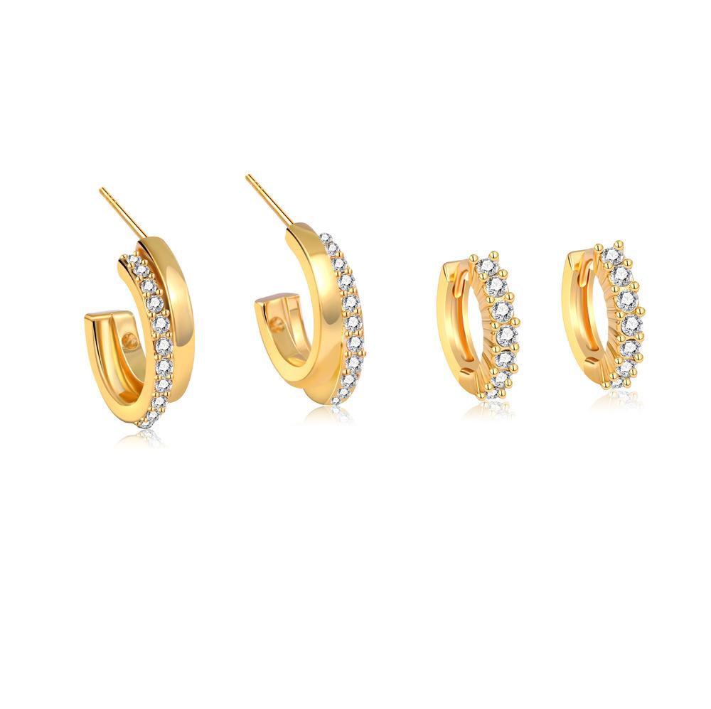 18K Gold Stacked with Diamond Earrings, Simple Ring, Circle, Ear Buckle, Temperament Stud Earrings, Two-piece Jewelry