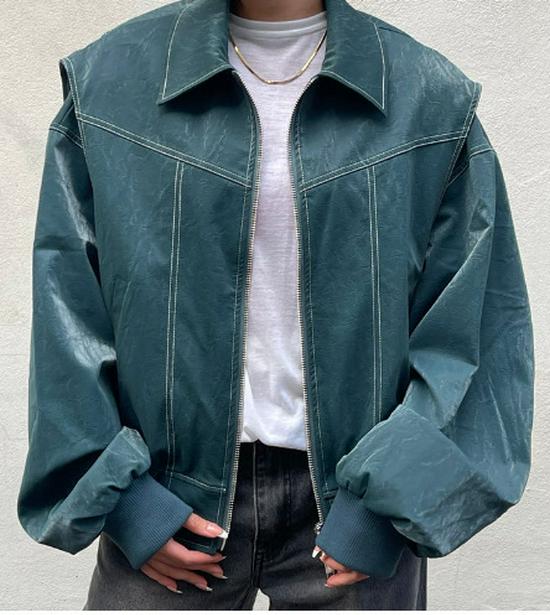 Retro Spliced Leather Zipper Jacket - Fall/Winter 2024, Long-Sleeve Lapel Coat