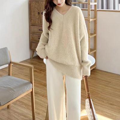 Damen High-End Pullover im koreanischen Stil mit V-Ausschnitt: Herbst/Winter Nerz Samt Strickpullover