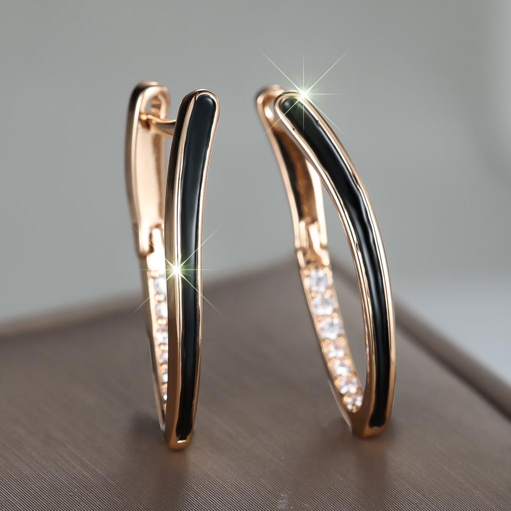 Luxury Small White Zircon Stone Black Enamel Hoop Earrings For Women Vintage Female Fashion Gold Color Wedding