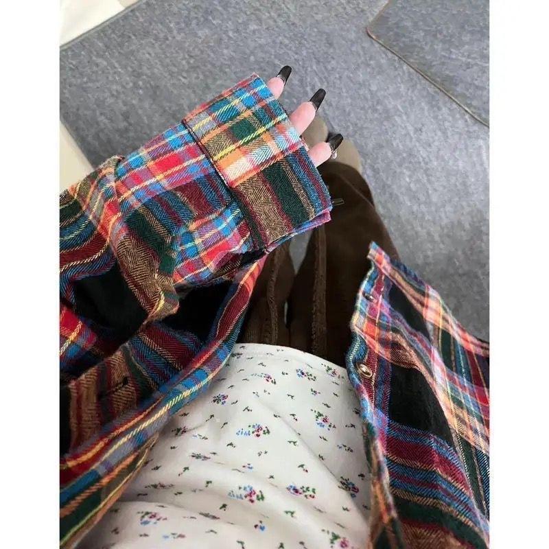 2025 Women's Retro Blue Plaid Shirt Jacket - Loose Fit, Long Sleeve for Spring & Autumn