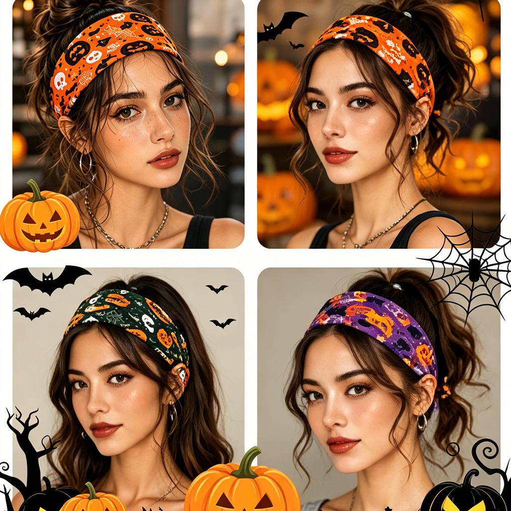 Halloween Themed Headband for Women Stretchy Party Headwear Ghost Pumpkin Spider Web Bat Print Fashion Hair Accessory