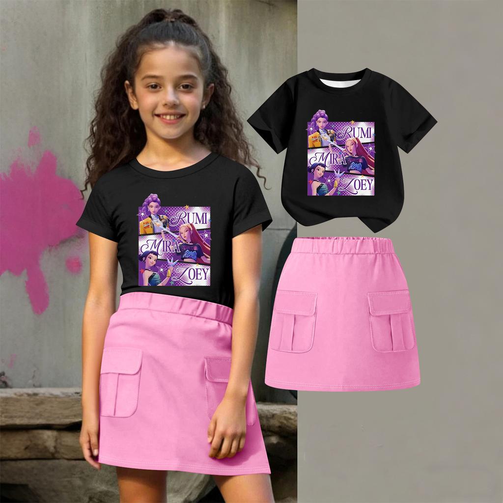 Kinder Sommer Sport T-Shirt und Röcke 2-teiliges Outfit Trainingsanzug Set Kurzarm Print Crop Tops mit Kleiderset