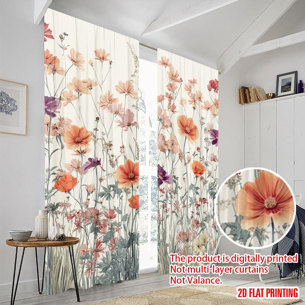 2pcs,2D Plane Printing Pattern Curtains Pastel Wildflower Bouquet Versatile Fabric (without Rod) Art Deco Festive Ldeal for