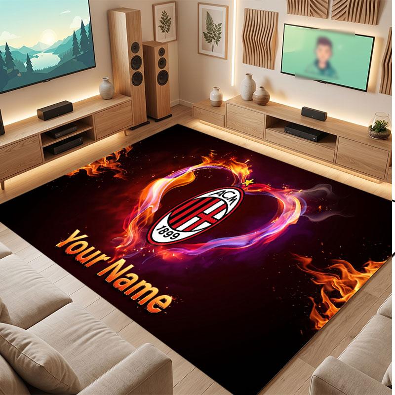 AC Milan Custom Crystal Velvet Rug, Personalized Name Text Print, Football Logo Soft Non‑Slip Floor Mat Home Decor Gift