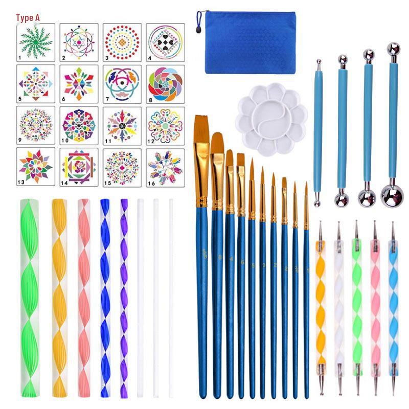 44-Piece Mandala Tool Set: Acrylic Rods, Indentation Steel Ball Pens, and Paint Brushes Kit