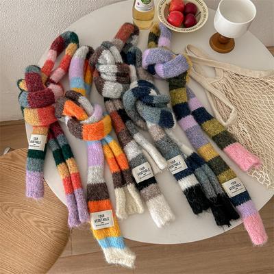 New Niche Design Striped Color Blocked Thin And Narrow Long Wool Scarf For Women Fashionable And Versatile Knitted Yarn Scarf