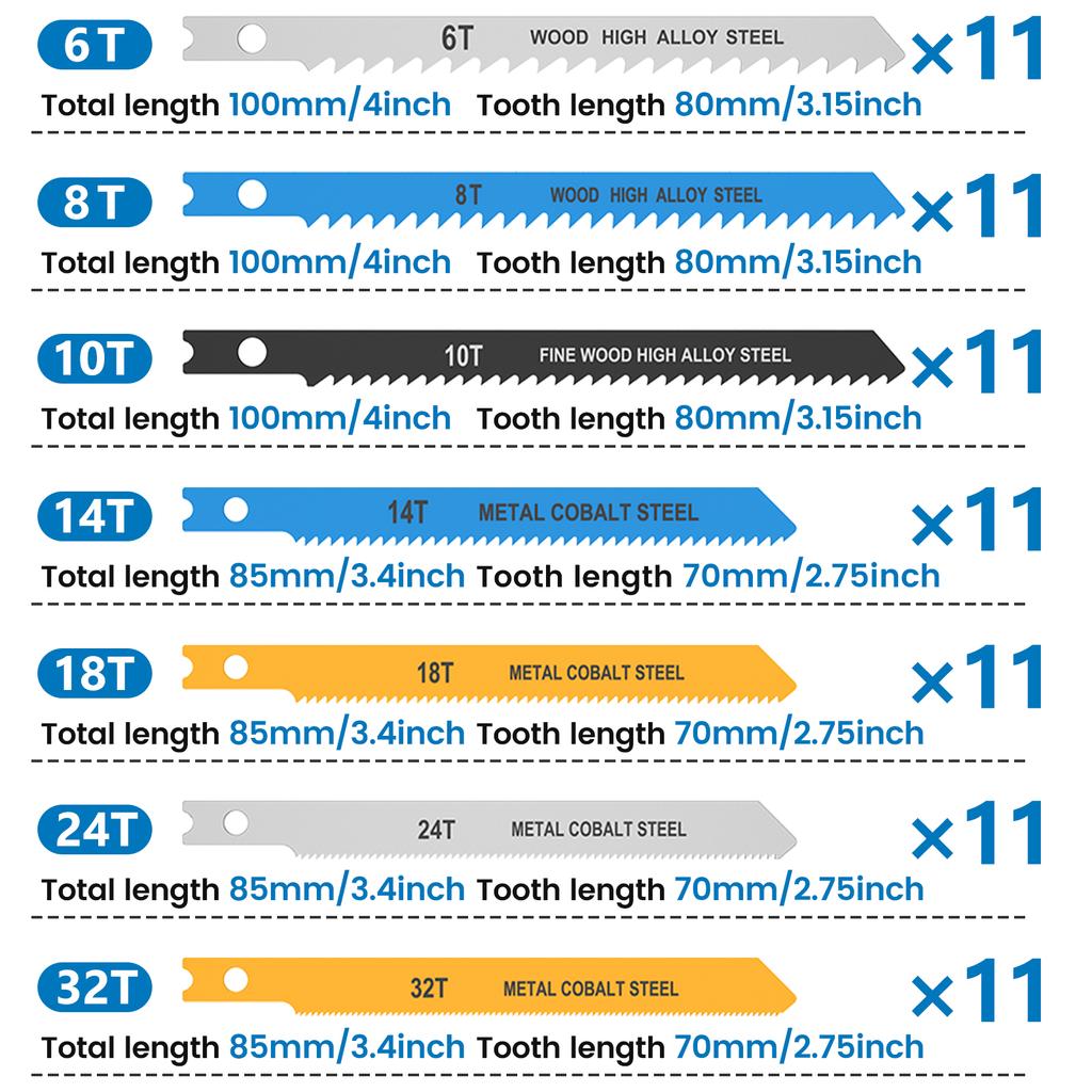 77/42PCS U Shank Jig Saw Blade Set Hcs/Hss Assorted Saw Blades Sharp Fast Cut 6t 8t 10t 14t 18t 24t 32t for Cutting Wood Metal