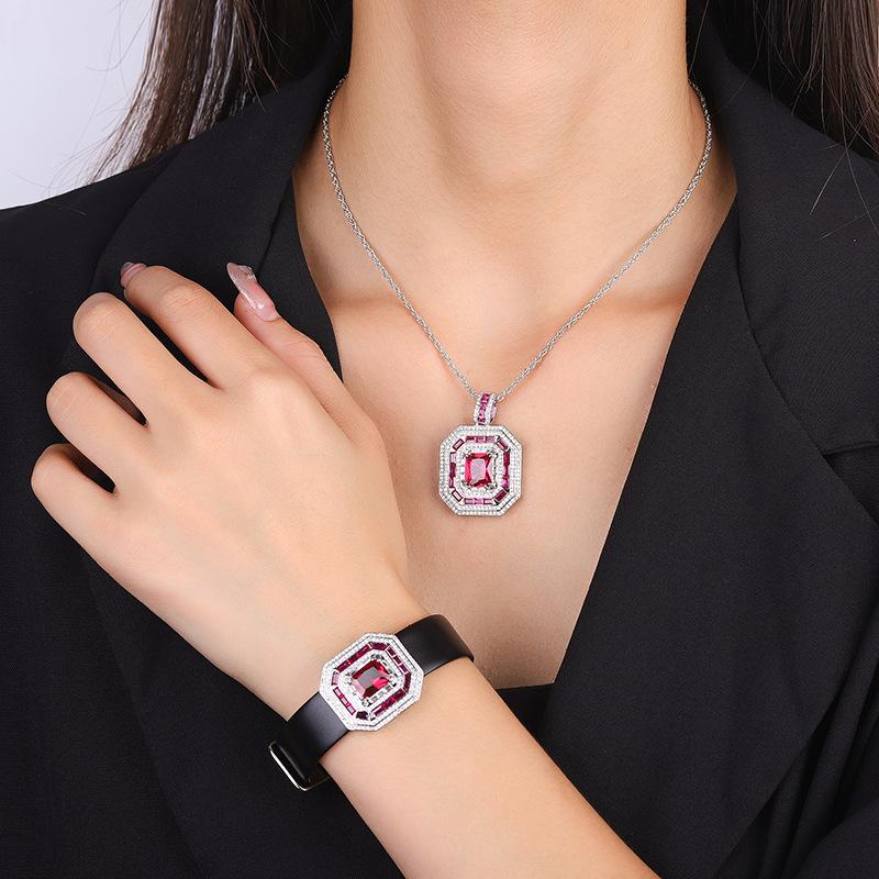 Jewelry Copper Bottom Gold-Plated Simulation Red Corundum Blue Spinel Square Wrist Women'S Set Main Stone 8 * 10