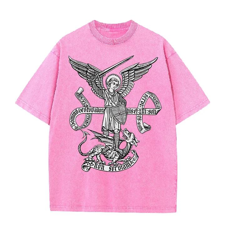 2026 Vintage St Michael Archangel Dragon Scroll Latin Text Graphic Black Acid Washed T Shirt Retro Religious Medieval Streetwear