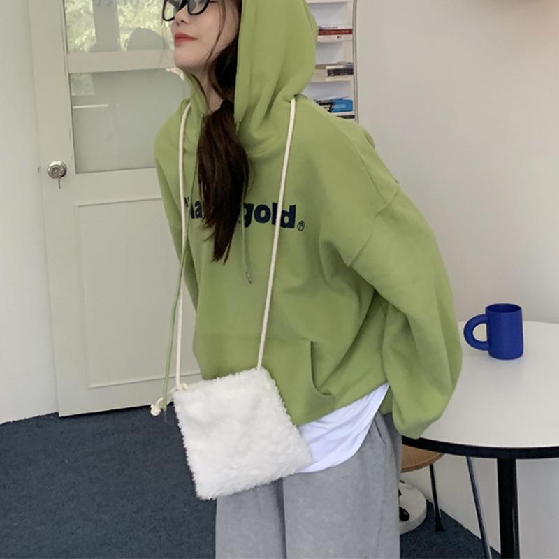 Padded Hooded Sweatshirt Women Autumn and Winter Loose Letter Printed Student Long Sleeve Tops Fashion Retro Versatile Sweatshirt