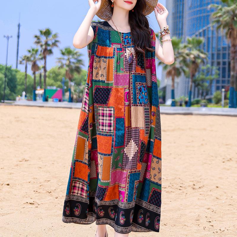 Casual Beach Dresses for Woman Plus Size Loose Vintage Print Long Sleeveless Dress Summer Women's Clothing