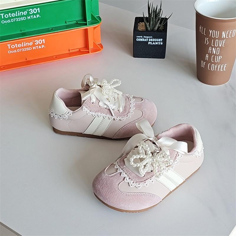 Girls Lace Pearl Bow Decor Casual Retro Flat Sneakers 15