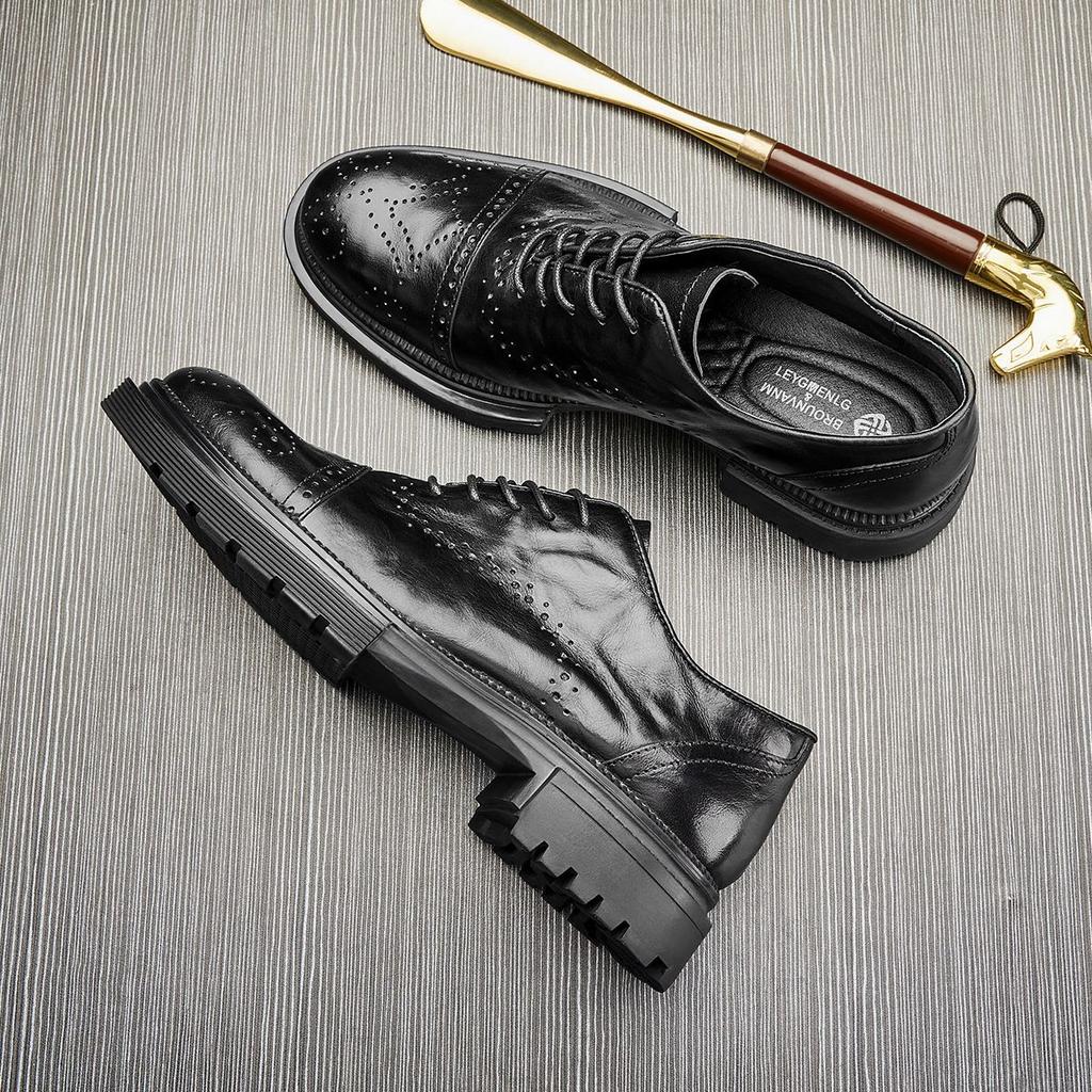 Men'S Shoes British Style Leather Casual Leather Shoes Round Head Breathable Business Shoes Black Fashion Lace-Up Shoes