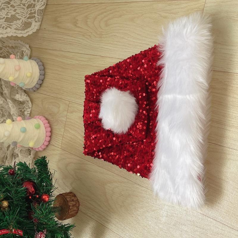 Adult Santa Hat with Sequins Thicken Plush for Holiday Comfort Liner Christmas New Year Symbol Cap with White Brim