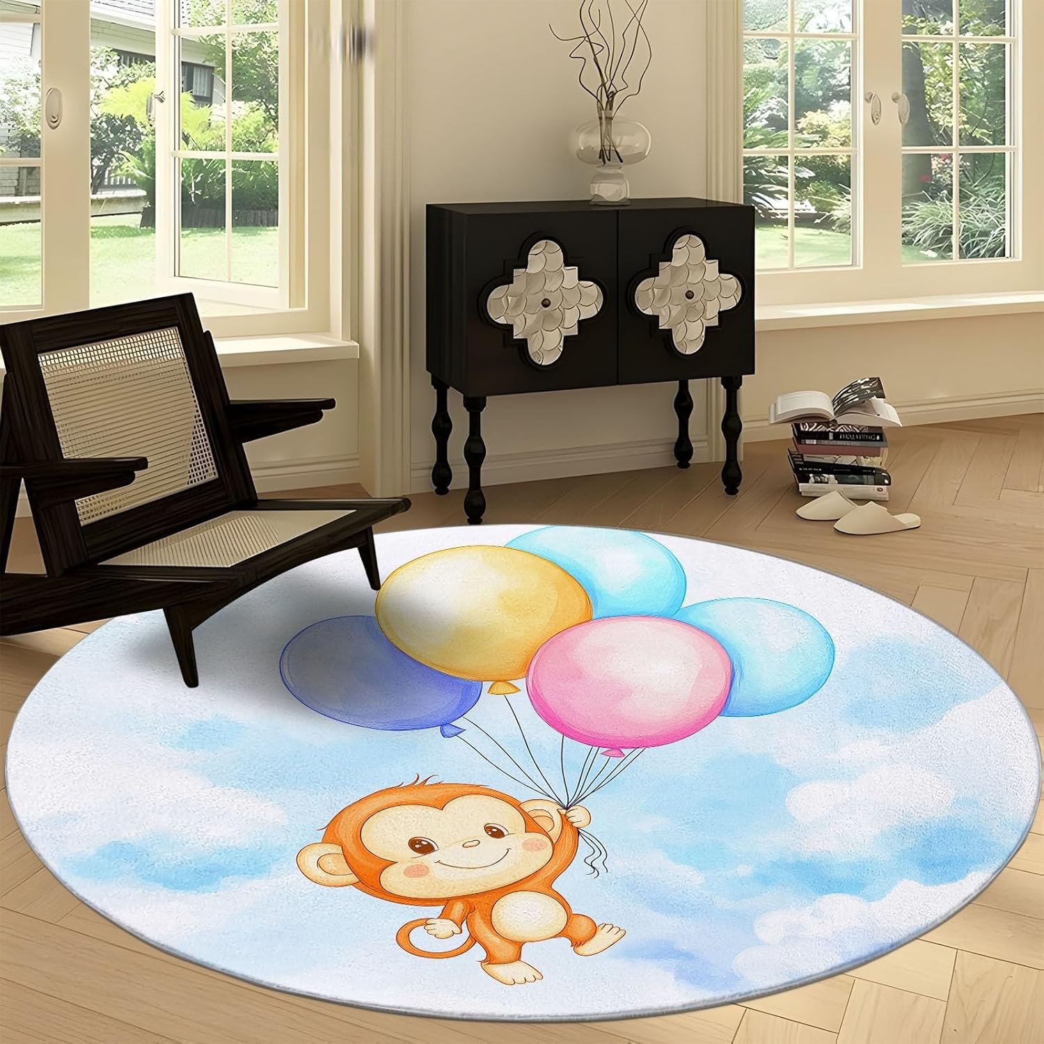 

Cartoon Watercolor Owl Leaves Print Round Area Rug, Light Color Washable Circular Carpet Runner - Non Slip Circle Rug Carpet Mat 100cm