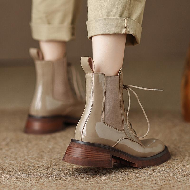 Fashion NEW Fall Shoes Women Patent Leather Boots Round Toe Chunky Heel Women Boots Winter Solid Lace-up Ankle Boots Western Boots Women