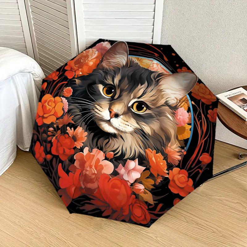 1pc Floral Cat Portrait Umbrella with Plastic Handle,Suitable for All Seasons Home Travel Outdoor UmbrellaDD201