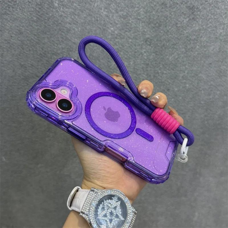 Třpytivé pouzdro s popruhem na zápěstí pro iPhone 16 1 14 Pro Max Plus 11 12 13 Magnetický řemínek Průhledný Bling kryt