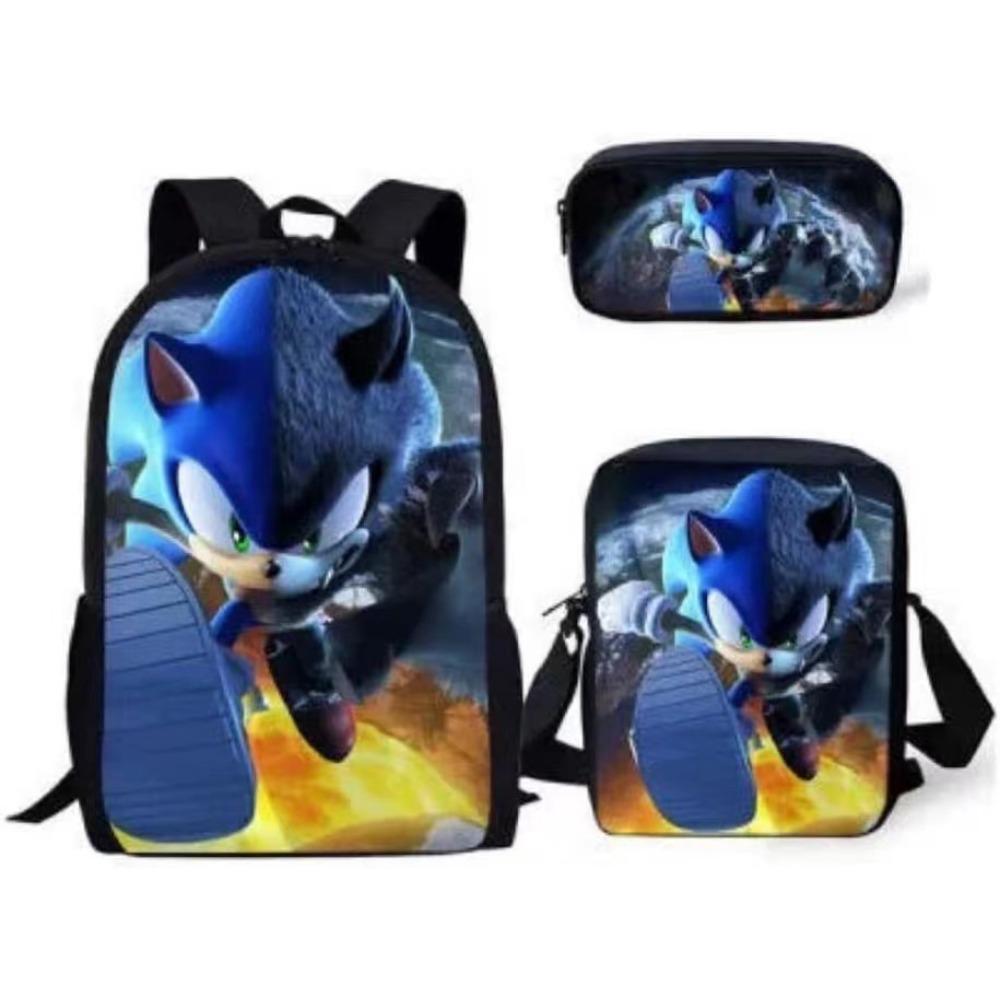 Sonic Elementary School Student Backpack 3-Piece Set Anime Cartoon Backpack Shoulder Bag Pen Bag