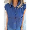 Women Navy Collared Sleeveless Button Down Cropped Shirt Dual Chest Pocket Casual Textured Blouse