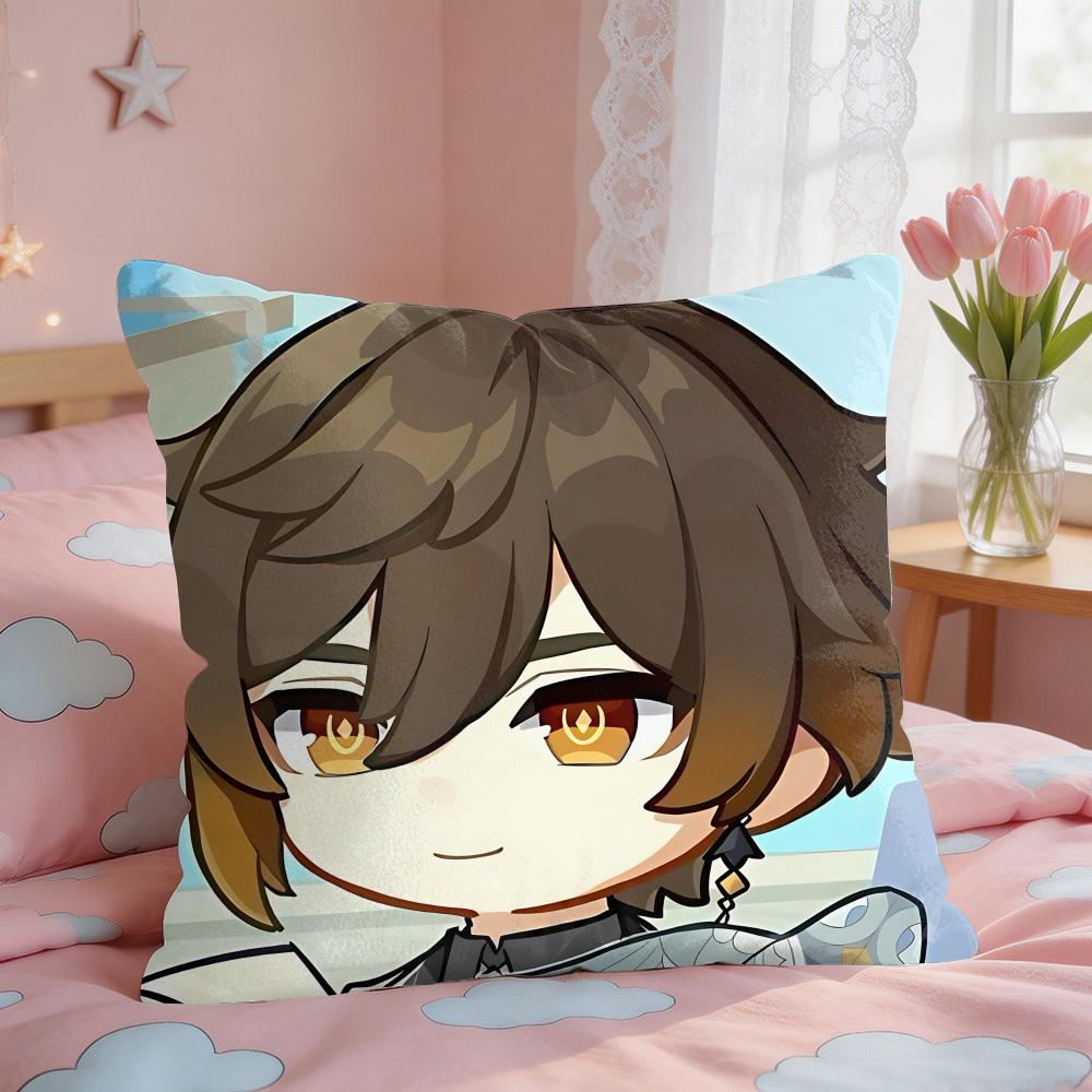 Zhongli Cute Genshin Impact Cushion Cover Square Short Plush Pillow Case Living Room Sofa Home Decor Funda X