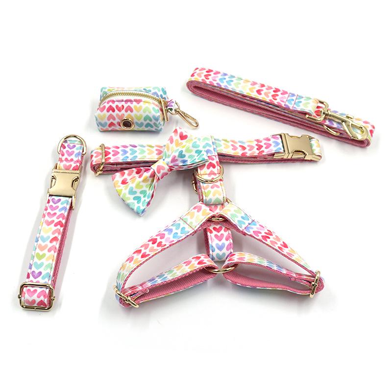 Mihaha Boss Heart Pet Collar Leash Bow Tie Harness Bag Set - Pink/Multi-color Medium