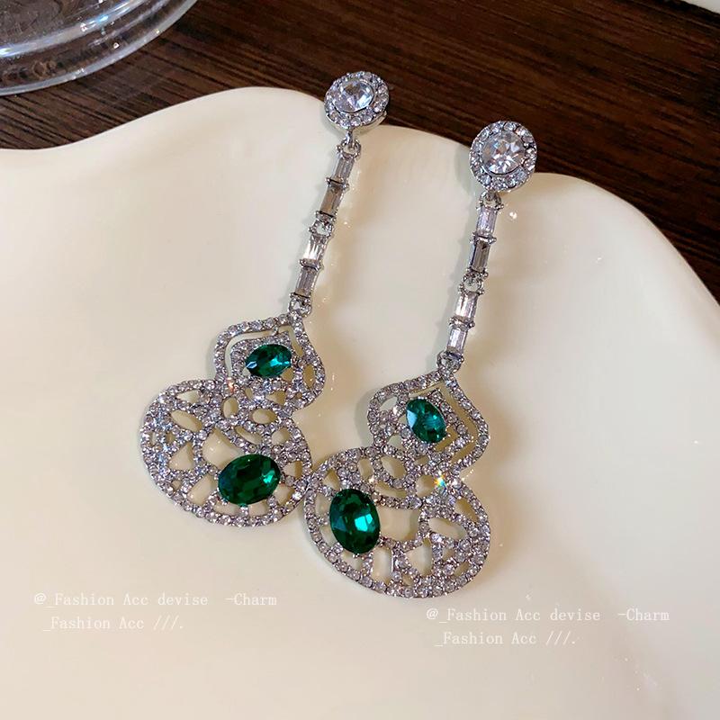 Silver needle inlaid diamond gourd hollow earrings new Chinese style long earrings light luxury personality temperament earrings women