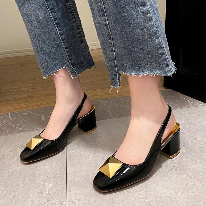 

Women s High Heels Sandals Square Toe Metal Decoration Shallow Mouth Shoes Women Square Heel One Kick Concise Sandalias De Mujer 40 білий