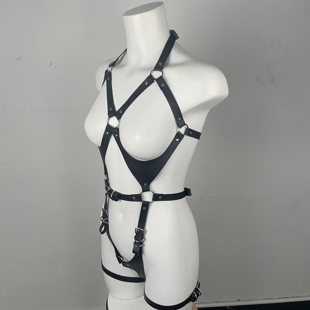 Faux Leather Women Bra Lingerie Full Body Harness Leg Garter Costume Sexy Harness Black Belts By Handmade Rave Accessories