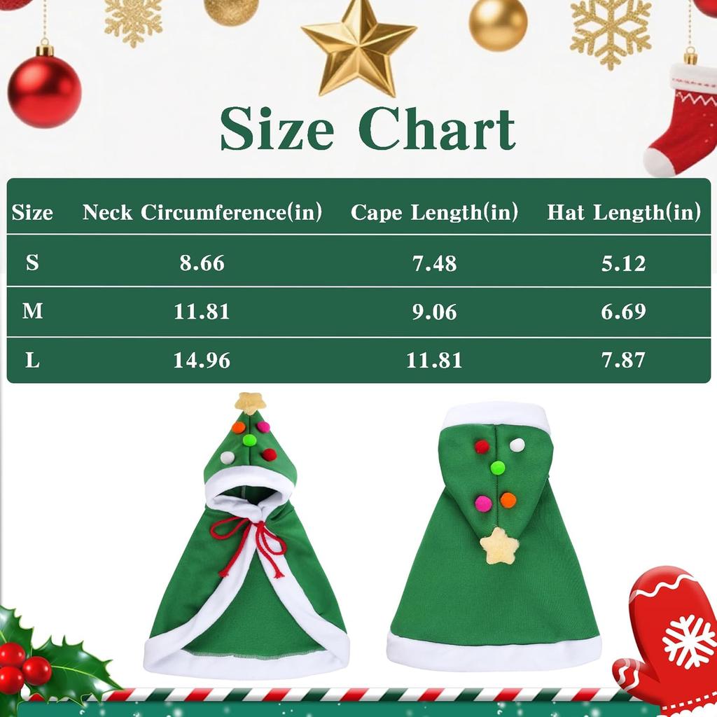 1Pc Cat Christmas Cape with Star and Pompoms Hat Festive Pets Christmas Costume Green Soft Cloak for Small Breed Dogs Holiday Party Outfit Pet Attire