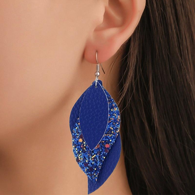 Fashion 3 Layer Stackable Glitter Faux Leather Teardrop Earrings For Women PU Leaf Shaped Lightweight Dangle Earrings Jewelry