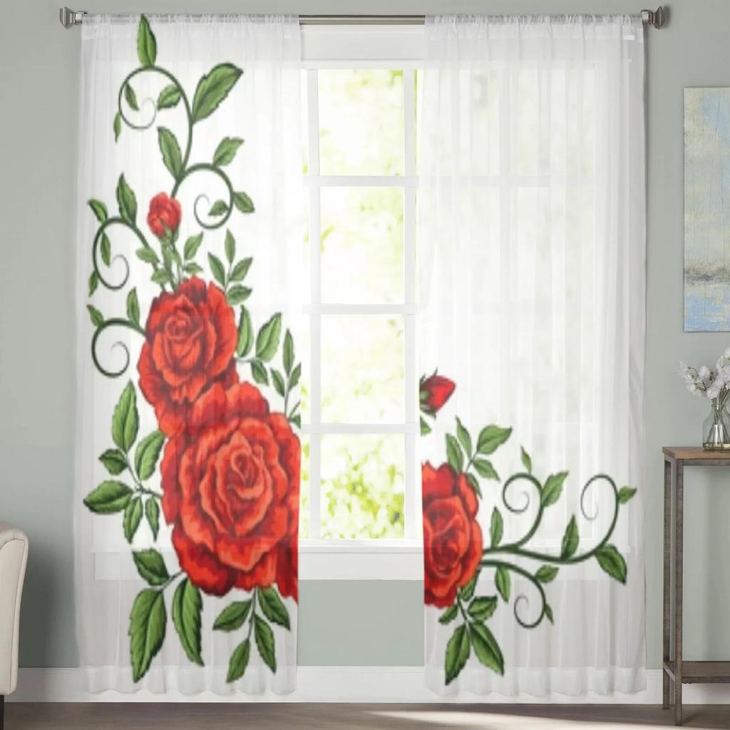 Red Roses Beautiful Sheer Window Curtains For Living Room Bedroom Modern Voile Tulle Curtains Fabric Drapes For Kitchen